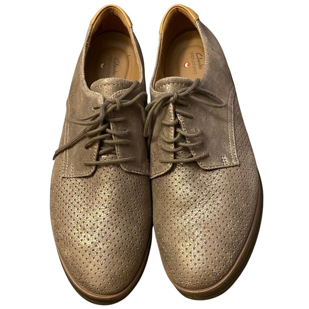 Clarks "Shaylin Lace Oxfords" Platinum, 10, Laced Up, Suede Leather, 1.5" Heel
